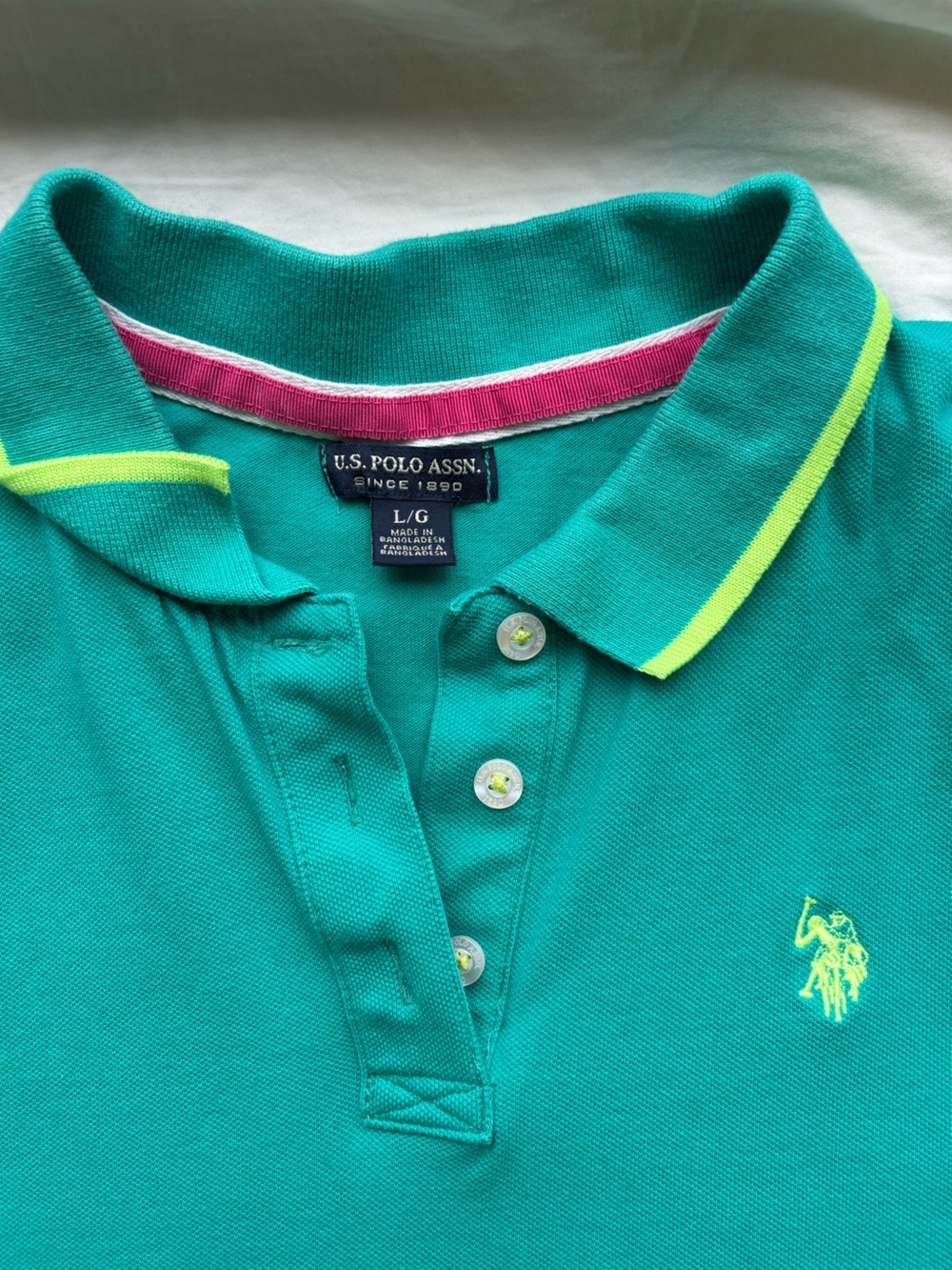 U.S. Polo Assn. Teal Green Neon Trim Short Sleeve Polo Shirt Size L - Picture 2 of 11